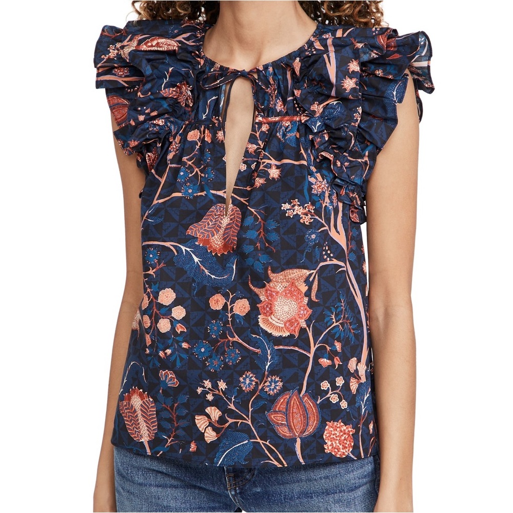 Ulla Johnson Navy Floral Ruffled Sleeveless Top
